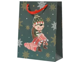 Sac cadeau en papier métallisé vert décor elfe petit modèle - 8 x 18 x 24 cm