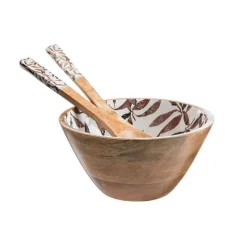 Saladier feuillage d'automne coloris blanc en bois de manguier - 24 x 24 x 12 cm