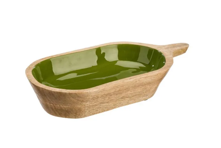 Saladier ovale uni coloris vert en manguier émaillé - 36 x 18 x 7 cm
