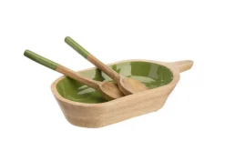 Saladier ovale uni coloris vert en manguier émaillé - 36 x 18 x 7 cm