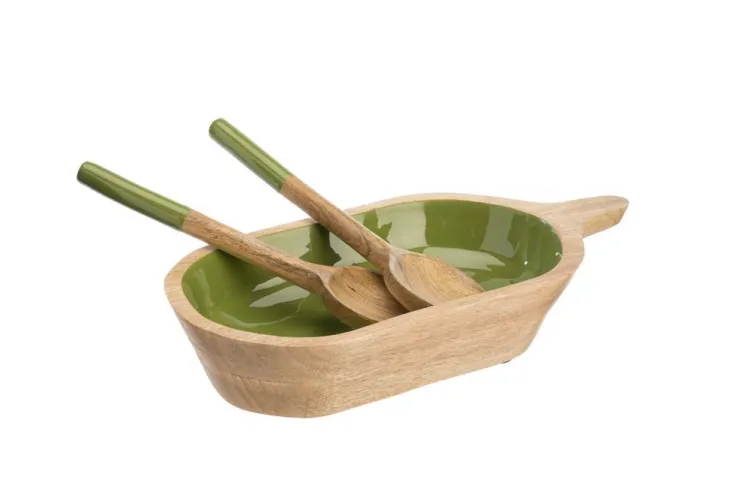 Saladier ovale uni coloris vert en manguier émaillé - 36 x 18 x 7 cm