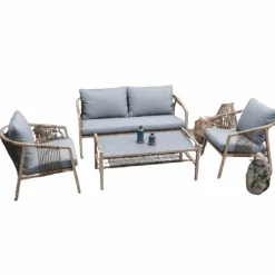 Salon bas en aluminium et résine tressée CREADOR Kanto - Bambou/Gris - 4 pièces