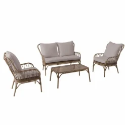 Salon de jardin 4 places aluminium imitation bambou, résine taupe - CREADOR Linho