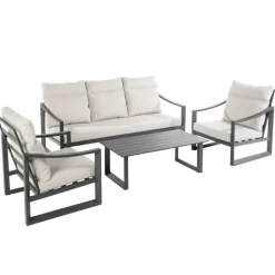 Salon de jardin dossier haut en aluminium coloris anthracite Hoya - 4 éléments (canapé, table basse et deux fauteuils)