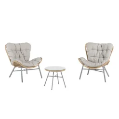 Salon de jardin en acier et résine tressée coloris noir et miel Hosta - 3 éléments (table basse et deux fauteuils)