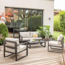 Salon de jardin en aluminium graphite Cyperus - 4 éléments (canapé, table basse et deux fauteuils)