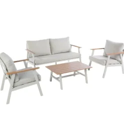 Salon de jardin en aluminium coloris beige Milly - 4 éléments (canapé, table basse et deux fauteuils)