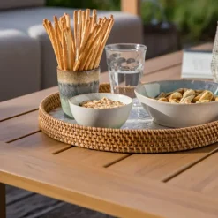 Salon de jardin en aluminium effet bois et coton coloris gris Cannes - 4 éléments (canapé, table basse et deux fauteuils)