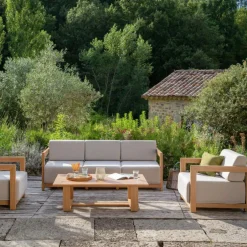 Salon de jardin en aluminium effet bois et coton coloris gris Cannes - 4 éléments (canapé, table basse et deux fauteuils)