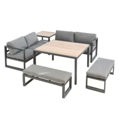 Salon de jardin en aluminium graphite Cinto III - 6 éléments (deux banquettes, deux bancs, table d'angle et table haute carrée)