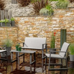 Salon de jardin en aluminium graphite et toile textylène gris perle Alysse - 4 éléments (canapé, table basse et deux fauteuils)