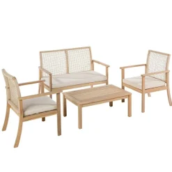 Salon de jardin en bois et corde coloris beige Séquoïa - 4 éléments (canapé, table basse et deux fauteuils)