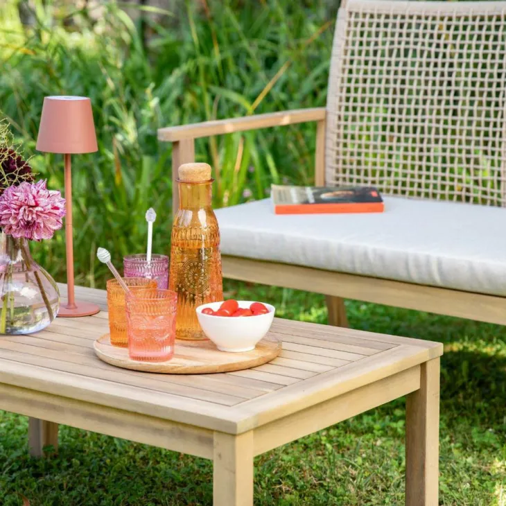 Salon de jardin en bois et corde coloris beige Séquoïa - 4 éléments (canapé, table basse et deux fauteuils)
