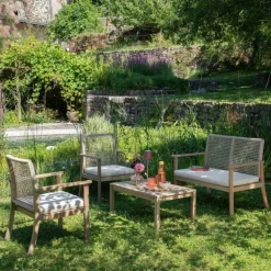 Salon de jardin en bois et corde coloris beige Séquoïa - 4 éléments (canapé, table basse et deux fauteuils)