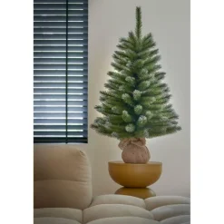 Sapin de Noël artificiel vert givre avec toile de jute et pommes de pin Pittsburgh