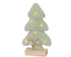 Sapin en fourrure vert clair à micro LED blanc chaud sur socle en bois - 5 x 14 x 24,5 cm