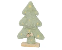 Sapin en fourrure vert tendre à micro LED blanc chaud sur socle en bois - 5 x 20 x 33,5 cm