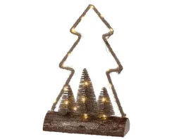 Sapin en jute marron sur buche en bois à micro LED or et blanc chaud  - 9 x 23,5 x 34 cm