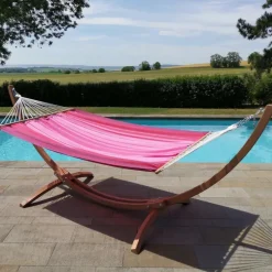Set support et hamac EsKapade coloris rouge fuschsia rose en bois et polypropylène Jobek Hamacs - 323 x 125 x 128 cm