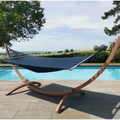 Set support et hamac EsKapade coloris bleu marine en bois et polypropylène certifié FSC® Jobek Hamacs - 323 x 125 x 128 cm