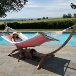 Set support et hamac EsKapade coloris rubis argenté en bois et polypropylène Jobek Hamacs - 323 x 125 x 128 cm