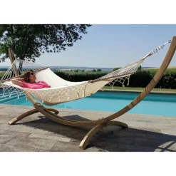 Set support et hamac EsKapade coloris écru à franges en bois et polypropylène Jobek Hamacs - 323 x 125 x 128 cm