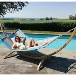 Set support et hamac EsKapade coloris turquoise anthracite en bois et polypropylène Jobek Hamacs - 323 x 125 x 128 cm