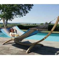 Set support et hamac EsKapade coloris turquoise anthracite en bois et polypropylène Jobek Hamacs - 323 x 125 x 128 cm