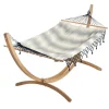 Set support et hamac EsKapade coloris rayé marine à franges bleues en bois et polypropylène Jobek Hamacs - 323 x 125 x 128 cm