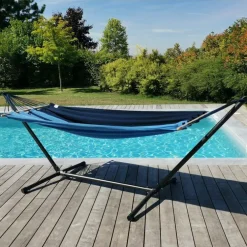 Set support et hamac MetaliK coloris bleu Caraïbes en métal et polypropylène certifié FSC®Jobek Hamacs - 300 x 140 x 95 cm