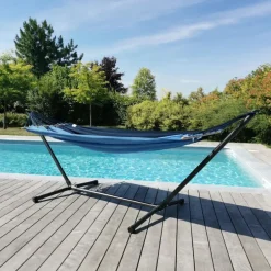 Set support et hamac MetaliK coloris bleu Caraïbes en métal et polypropylène certifié FSC®Jobek Hamacs - 300 x 140 x 95 cm