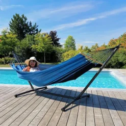 Set support et hamac MetaliK coloris bleu Caraïbes en métal et polypropylène certifié FSC®Jobek Hamacs - 300 x 140 x 95 cm