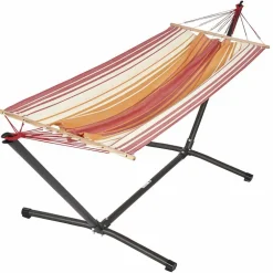 Set support et hamac Metalik coloris rouge orange écru en métal et polypropylène Jobek Hamacs - 300 x 100 x 95 cm