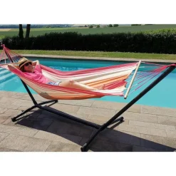 Set support et hamac Metalik coloris rouge orange écru en métal et polypropylène Jobek Hamacs - 300 x 100 x 95 cm