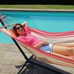 Set support et hamac Metalik coloris rouge orange écru en métal et polypropylène Jobek Hamacs - 300 x 100 x 95 cm