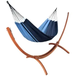 Set support et hamac Weekend coloris bleu Caraïbes en bois et polypropylène certifié FSC® Jobek Hamacs - 350 x 125 x 136,5 cm