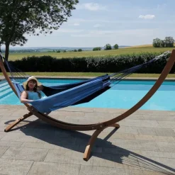 Set support et hamac Weekend coloris bleu Caraïbes en bois et polypropylène certifié FSC® Jobek Hamacs - 350 x 125 x 136,5 cm