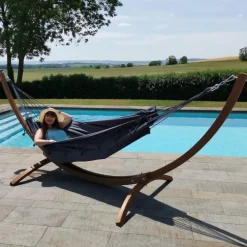 Set support et hamac Weekend coloris anthracite à franges en bois et polypropylène Jobek Hamacs - 350 x 125 x 136,5 cm