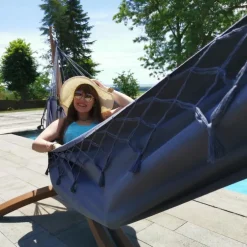 Set support et hamac Weekend coloris anthracite à franges en bois et polypropylène Jobek Hamacs - 350 x 125 x 136,5 cm