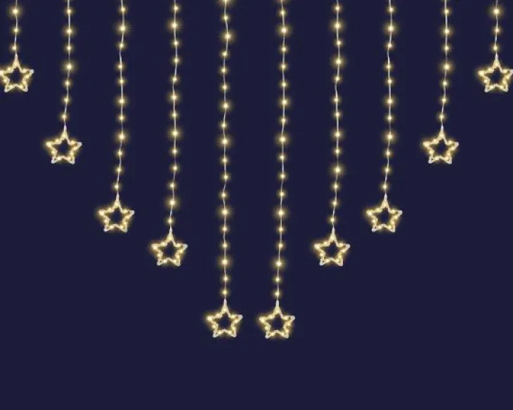 Stalactite lumineuse avec étoiles connectable x3 à 212 micro-LED blanc chaud et câble argent - L 1,5 m x H 1 m