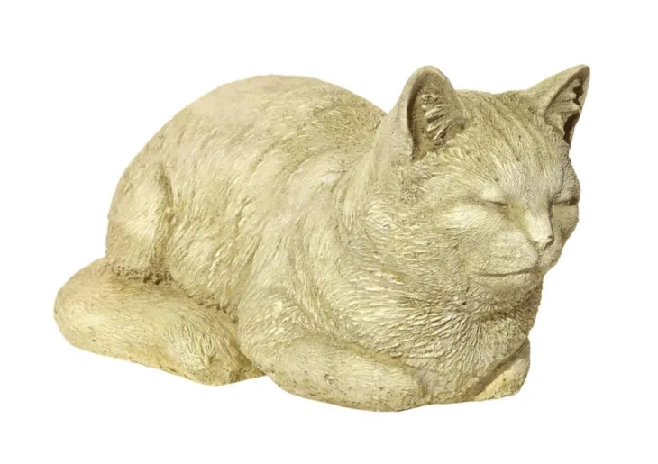 Statue décorative chat qui ronronne ton vieilli coloris beige en pierre reconstituée