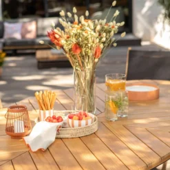 Table ovale en aluminium noir et teck Flore - 240 x 120 x 76 cm