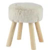 Tabouret en fausse fourrure crème avec pieds en bois - Ø 30 x H 38 cm