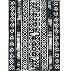 Tapis extérieur en polypropylène recyclé noir et crème Ethnique - 150 x 90 cm