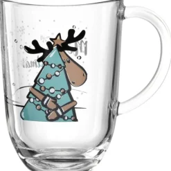 Tasse à thé en verre transparent gravé avec motif Élan 380 ml en boite cadeau - 13,7 x 17 cm