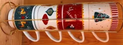 Tasses en porcelaine motifs et couleurs de Noël Rudolphe avec support tour en métal - 10 x 8,5 x 6,8 cm