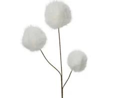 Tige artificielle avec boules duveteuses blanches en fausse fourrure - H 70 cm
