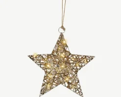 Étoile lumineuse à suspendre à 15 micro-LED blanc chaud et câble argent sur piles - 30 x 30 cm