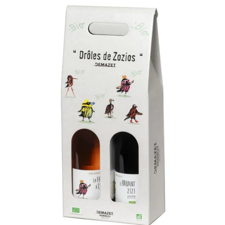 Valisette Drôles de zozios vin La Fauvette à Lunettes Demazet - 2 x 75 cl