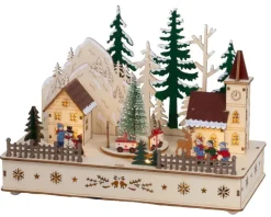 Village animé en contreplaqué avec église lumineuse à 7 LED - 14 x 28 x 20 cm